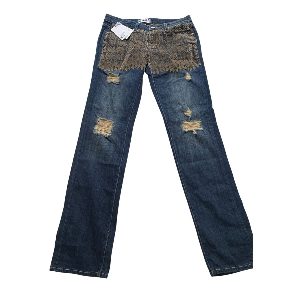 PAIGE NWT Jimmy Jimmy Skinny Damask Jeans Wms 27 Blue‎ Gold Straight Leg Denim